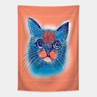 Blue cat drawing with orange background Tapestry