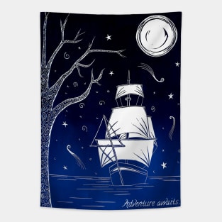 Adventure Awaits Enchanted Ship Linocut in Blue Tapestry