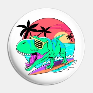 Dino surfing retro art Pin