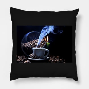 A cup of smoking hot coffee. Pillow