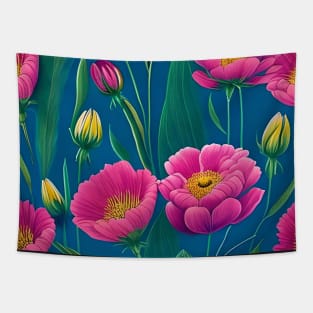 Pink Flowers On A Blue Background Watercolor Drawing Tapestry