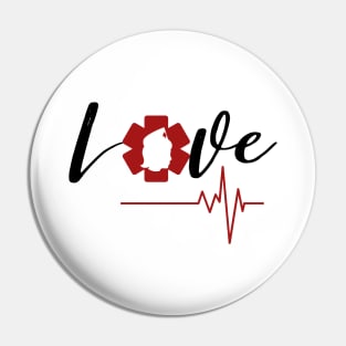 Love Nursing black text design with red Nurse star, silhouette and heartbeat Pin