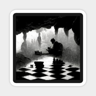 A man playing chess in cave on a rainy day Magnet