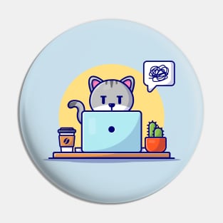 Cute Cat Working On Laptop With Coffee Cup Cartoon Vector Icon Illustration Pin