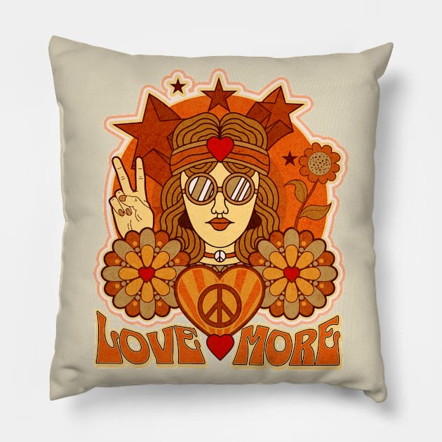 Love More Hippie Retro Peace Flower Child Pillow by PUFFYP