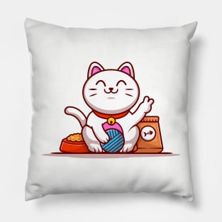 Cute Lucky Cat With Yarn Ball And Food Cartoon Vector Icon Illustration Pillow