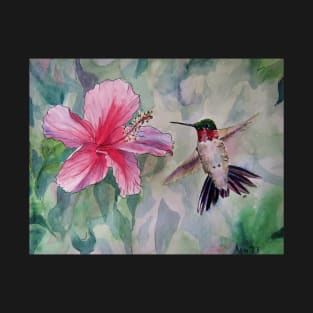 Pen and Ink Ruby Throated Hummingbird and Hibiscus T-Shirt