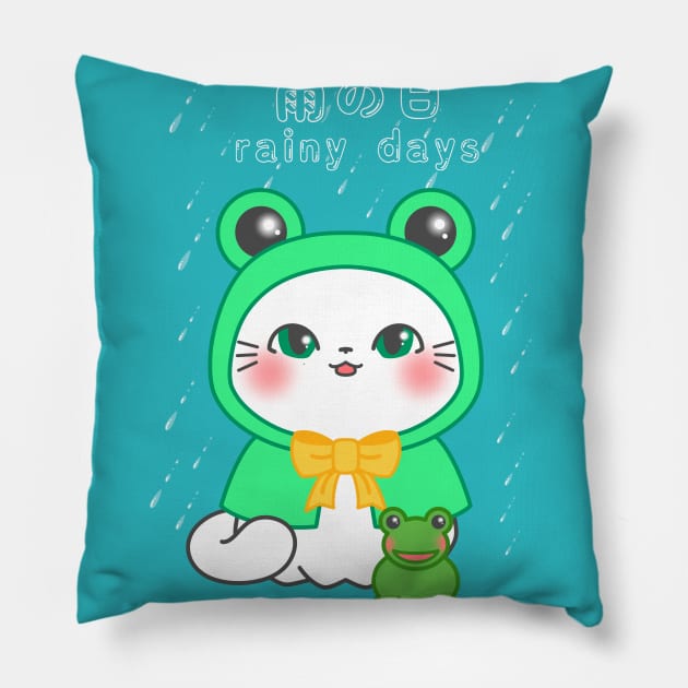 Rainy Days kitten - a kawaii cat in a froggy rain coat Pillow by SamInJapan