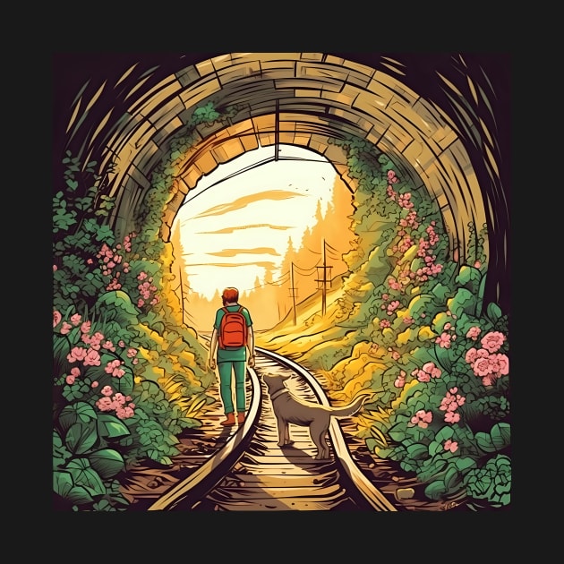 Tunnel of Love, Ukraine cartoon illustration. Man walking with dog on sunset by KOTYA