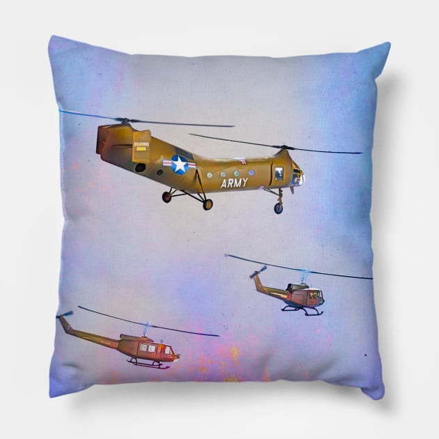 Huey and flying banana in flight during Vietnam war Pillow by Pitmatic