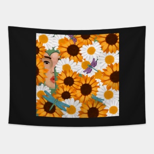 Sunflowers, Daisies and The Dragonflies Tapestry