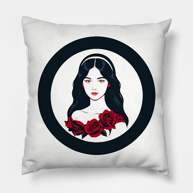 Gothic Woman with Black Hair and Red Roses Pillow by CursedContent