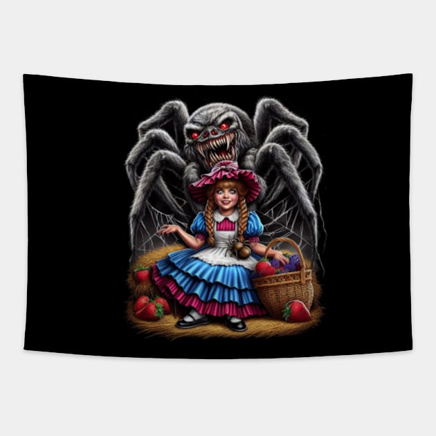 Muffet's Midnight Encounter: Little Miss Muffet Horror T-Shirt Tapestry by Pixel Draws