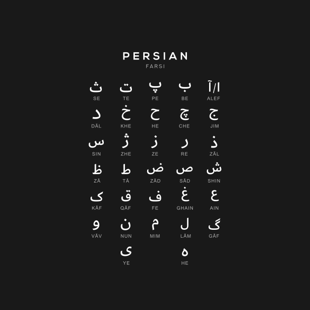 Persian Alphabet Chart, Farsi Language Chart, Black Persian Pin