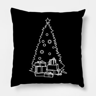 White Line Drawing Christmas Tree and Gift Boxes Pillow