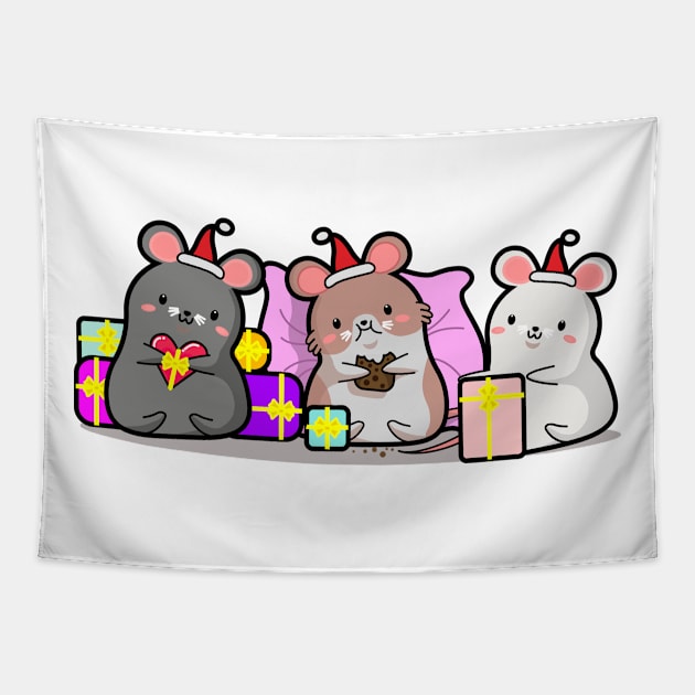 mouse with gifts, Christmas, new year, kawaii style. Tapestry by SK1X