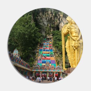 Lord Murugan with prayer wheels and stairs at Batu Caves Pin