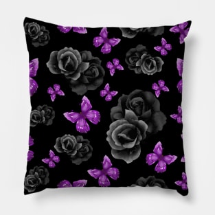 Purple Butterflies and Black Roses w/ Black Background Pillow