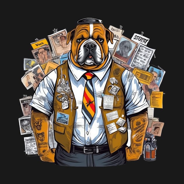 Accountant English Bulldog t-shirt design, a bulldog wearing a name tag and holding a clipboard by teestore_24