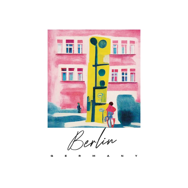 Berlin Street Light Pink Yellow Gouache Travel Poster Retro Wall Art Illustration by BetterManufaktur