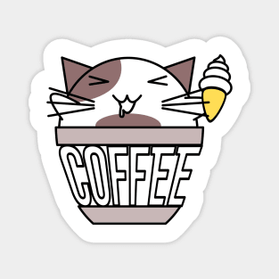 Cat in coffee cup with warped text holding ice cream white and brown Magnet