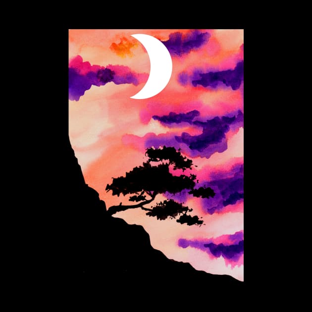 Mountain Tree Sunset and Moon by ZeichenbloQ