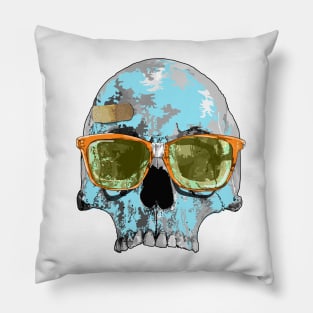 Turquoise skull with plaster bandage and broken sun glasses Pillow