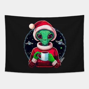 Christmas Funny Alien Drinking Coffee Wearing Sweater Tapestry