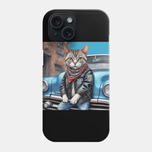 cute street Cat wearing a leather jacket standing by his car Phone Case