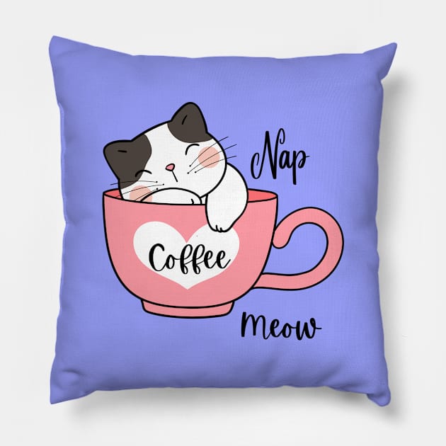 Nap, Coffee, Meow - kitten design Pillow by ArtDreamStudio