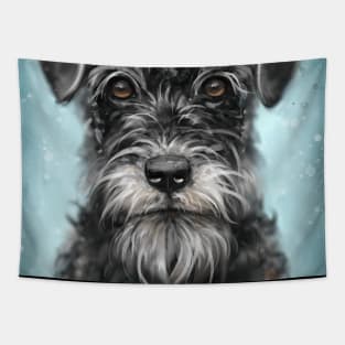 Painting of a Black and White Schnauzer on Blue Background Tapestry