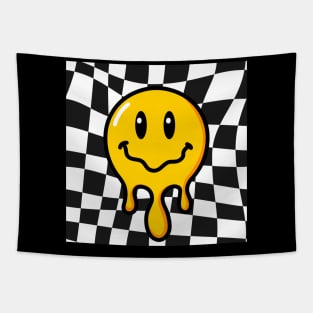 Funny 70s Melting Yellow Smile Face Cute Checkered Smiling Happy Tapestry