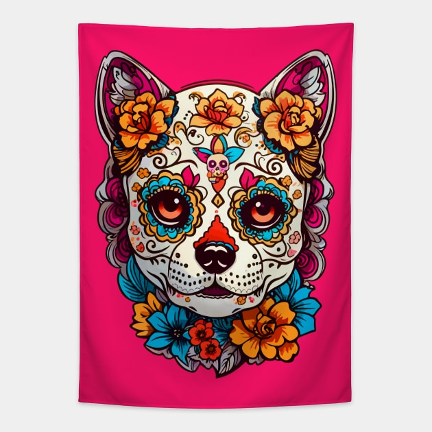 Sugar Skull Dog Tapestry by CatCoconut-Art