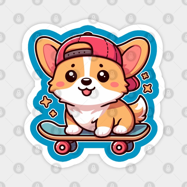 Kawaii Corgi Puppy on Skateboard Cute Dog Lover Magnet by Cuteness Klub