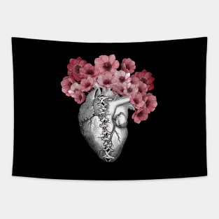 Broken heart, Human heart illustration art, laces, with red anemones, tied heart, sewn heart Tapestry