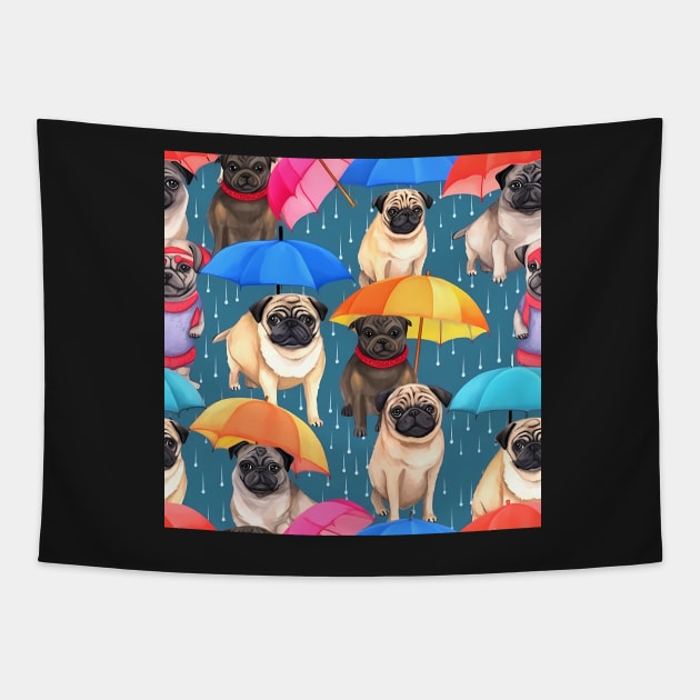 Cute Pug Dogs Umbrellas in the Rain All Over Tote Bag Tapestry by candiscamera