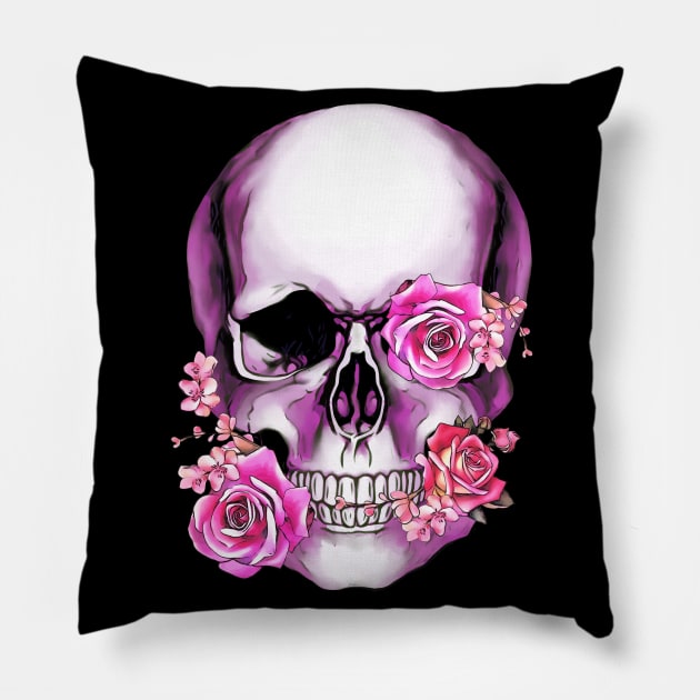 Sugar skull, Skull art floral, pink flowers Pillow by Collagedream