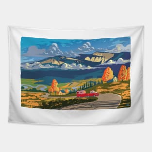 Vintage travel camper country landscape poster Tapestry