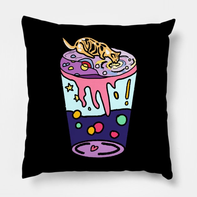 Aesthetic Cat Drinking Boba Milk on Aesthetic Land - Blue Pillow by Mochabonk