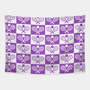 Checkered Tennis Seamless Pattern - Racket & Ball in Purple and White Tones Tapestry