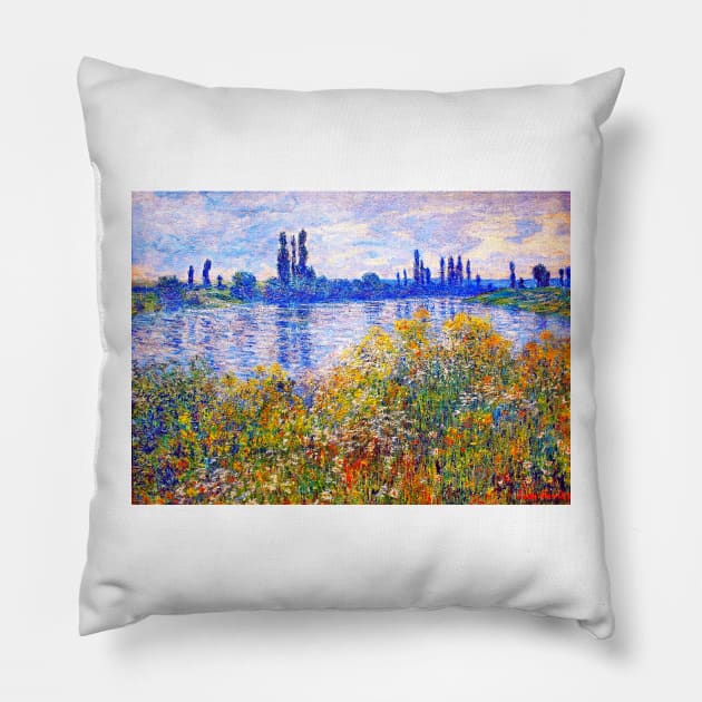 'Flowers on the Banks of Seine near Vetheuil' by Claude Monet REMASTERED TECHNICOLOR Pillow by FineArtMaster