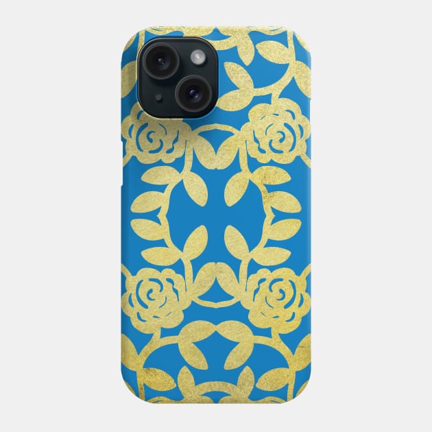 Floral Pattern Blue Gold Baroque Damask Phone Case by Inogitna Designs