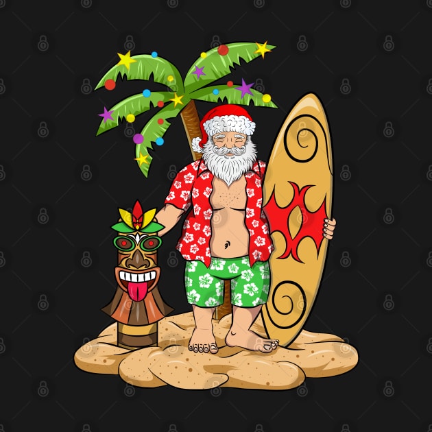 Hawaiian Christmas Santa with Surfboard and Tiki by silentsoularts