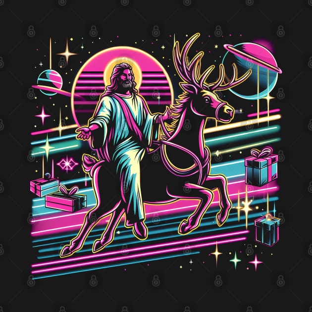 COOL JESUS RIDING RAINDEER UNIVERSE RETRO 80'S NEON VIBE by athirdcreatives