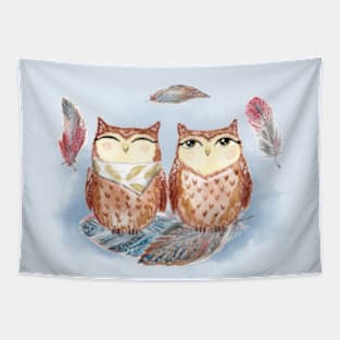 Watercolor cute owls and feathers Tapestry