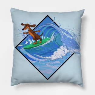 Dachshund dog surfing waves Pillow