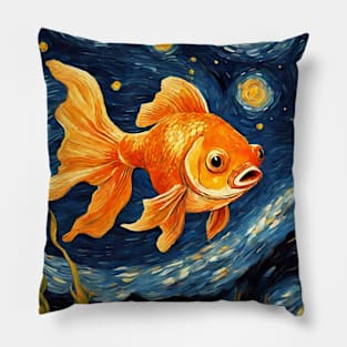 Goldfish Animal Painting in a Van Gogh Starry Night Art Style Pillow