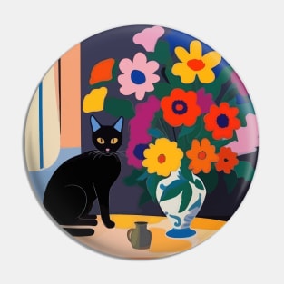 Black Cat with Colorful Flowers in a Vase Still Life Painting Pin