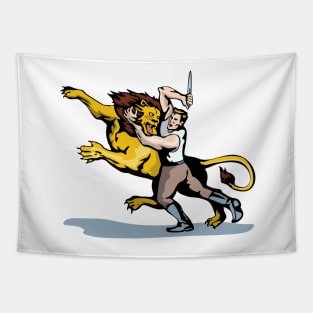 Man Fighting Lion with Dagger  Retro Tapestry