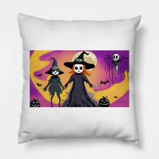 Two skeleton witches standing next to each other in front of a full moon Pillow